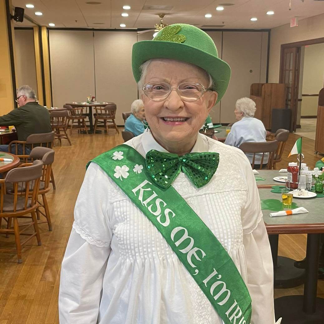 senior woman dressed in her st. partricks day outfit