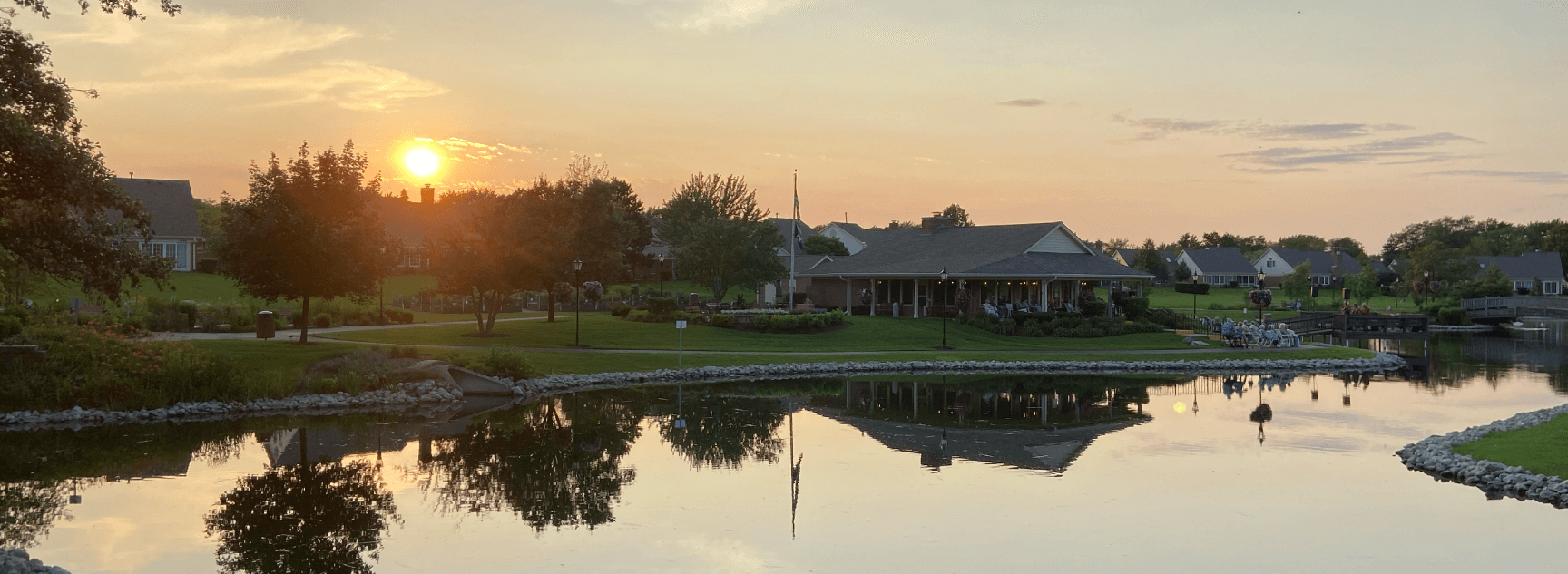 Community pond at sunset